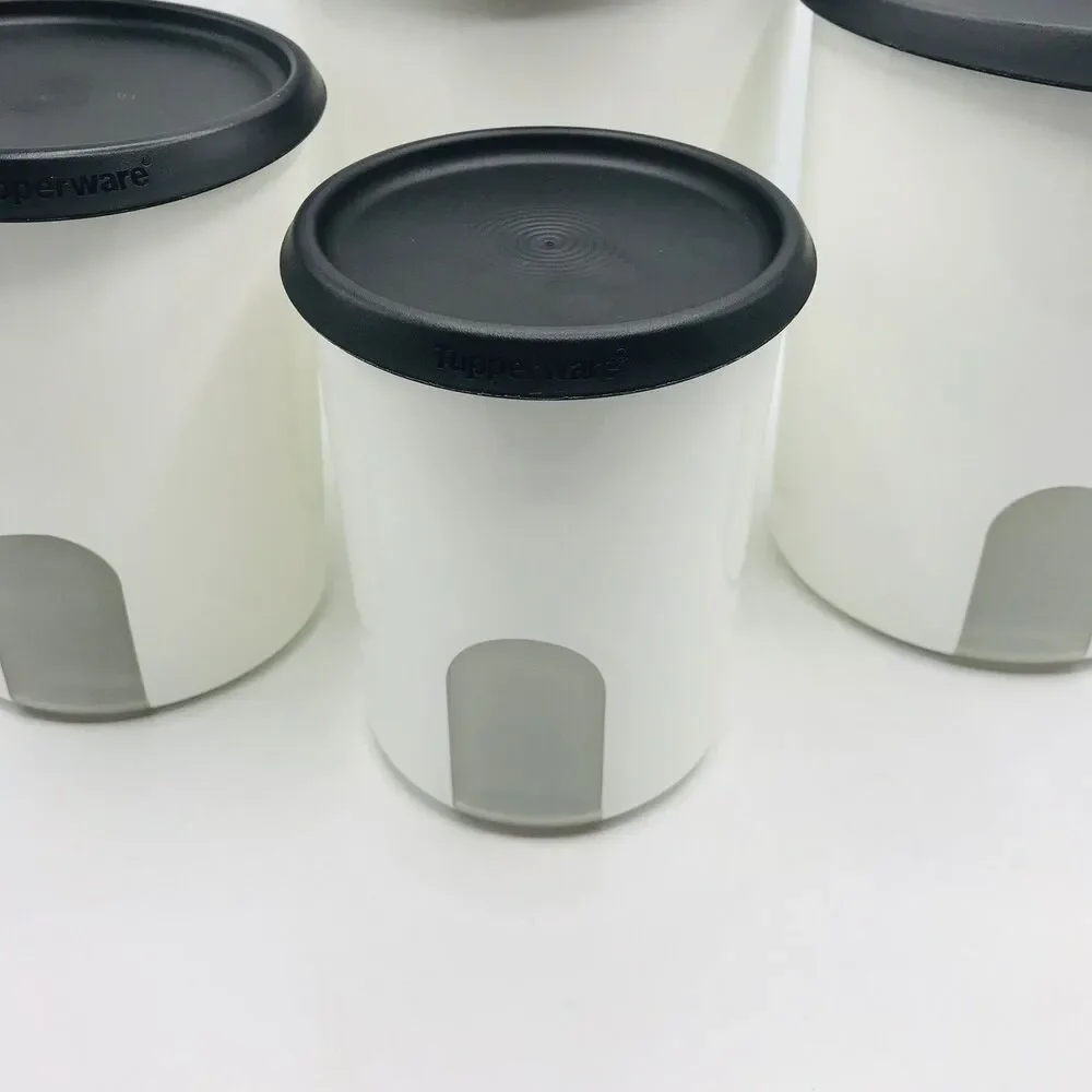 Tupperware One-Touch Reminder 4 Piece Canister Set White W/ Black Lids Tradition